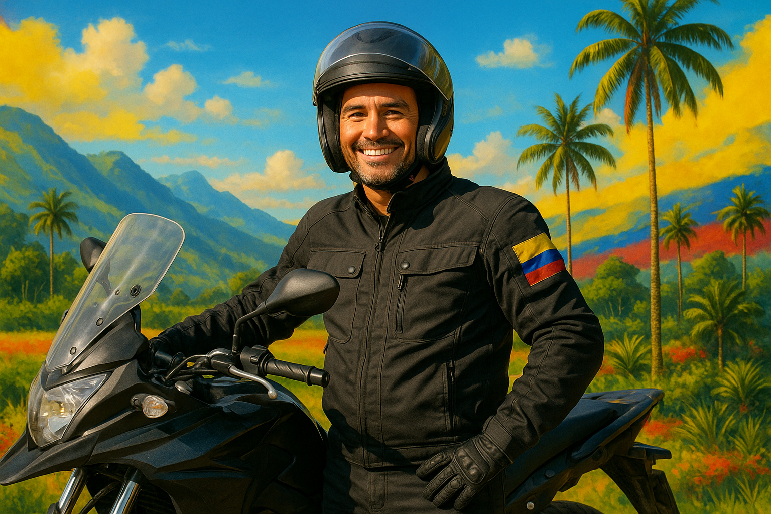 hace una imagen de un motoquero en contexto colombiano feliz mirando a la camara, debe ser un colombiano de 40 años empoderado